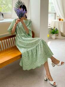 DAZY 荷葉邊刺繡雪紡鬆緊束腰連衣裙 - 綠色 - 查看 5
