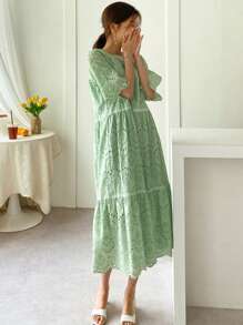 DAZY 荷葉邊刺繡雪紡鬆緊束腰連衣裙 - 綠色 - 查看 6
