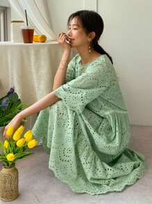 DAZY 荷葉邊刺繡雪紡鬆緊束腰連衣裙 - 綠色 - 查看 7
