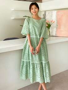 DAZY 荷葉邊刺繡雪紡鬆緊束腰連衣裙 - 綠色 - 查看 8