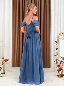 Cold Shoulder Split Thigh Chiffon Bridesmaid Dress - Dusty Blue - View 2