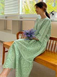 DAZY 荷葉邊刺繡雪紡鬆緊束腰連衣裙 - 綠色 - 查看 9