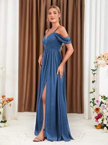 Cold Shoulder Split Thigh Chiffon Bridesmaid Dress - Dusty Blue - View 4