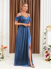 Cold Shoulder Split Thigh Chiffon Bridesmaid Dress - Dusty Blue - View 5