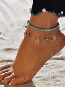 2 cái/bộ Boho Flower & Bead Charm Vòng Chân Cho Phụ Nữ Để Trang Trí Hàng Ngày - Nhiều màu - Xem 1