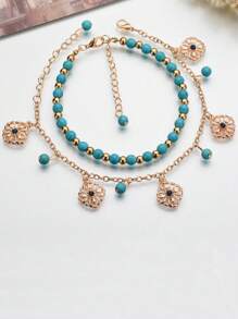 2 cái/bộ Boho Flower & Bead Charm Vòng Chân Cho Phụ Nữ Để Trang Trí Hàng Ngày - Nhiều màu - Xem 2