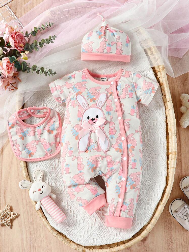 SHEIN ベビー 漫画グラフィック コントラストバインディング ジャンプスーツ & アクセサリー 帽子 & よだれかけ - ホワイト - 見る 1