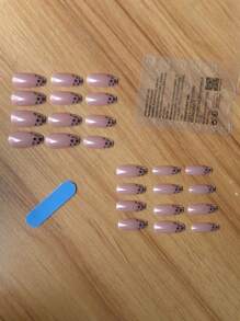 風格帶24入組長款棺材豹紋印花全覆蓋假指甲成套工具 - 棕色 - 查看 2