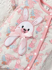 SHEIN 嬰兒卡通圖案撞色滾邊連身褲和配件帽和圍兜