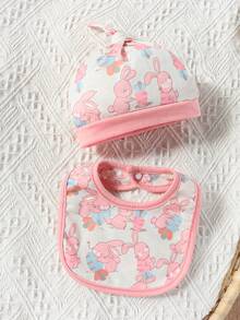 SHEIN 嬰兒卡通圖案撞色滾邊連身褲和配件帽和圍兜