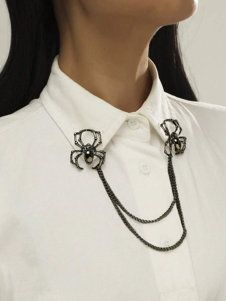 1入組時尚鋅合金蜘蛛裝飾鏈式領針適合男士女士日常裝飾時尚朋克首飾類禮品適合男士受歡迎 - 槍黑色 - 查看 1