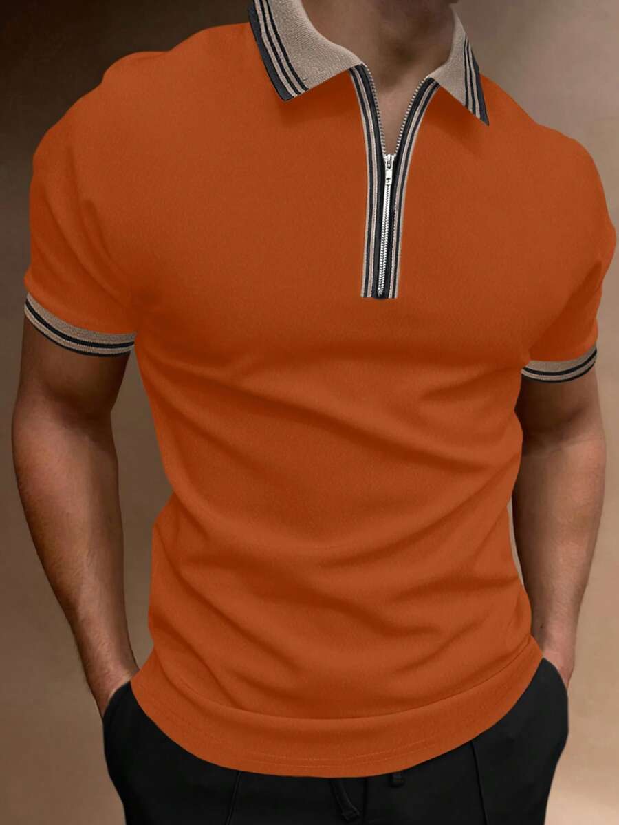 Manfinity Homme 男士條紋飾邊1/4拉鍊POLO衫 - 橘色 - 查看 1