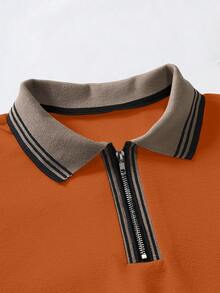 Manfinity Homme 男士條紋飾邊1/4拉鍊POLO衫 - 橘色 - 查看 4