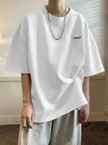 Claim Dot Men Letter Patched Detail Drop Shoulder Oversized Tee - White - View 1