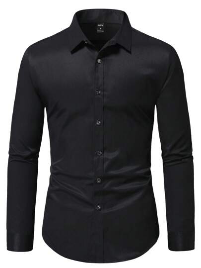 Manfinity Mode 男士纯色纽扣衬衫，男士黑色修身正装衬衫，商务休闲男士衬衫，秋季长袖上衣