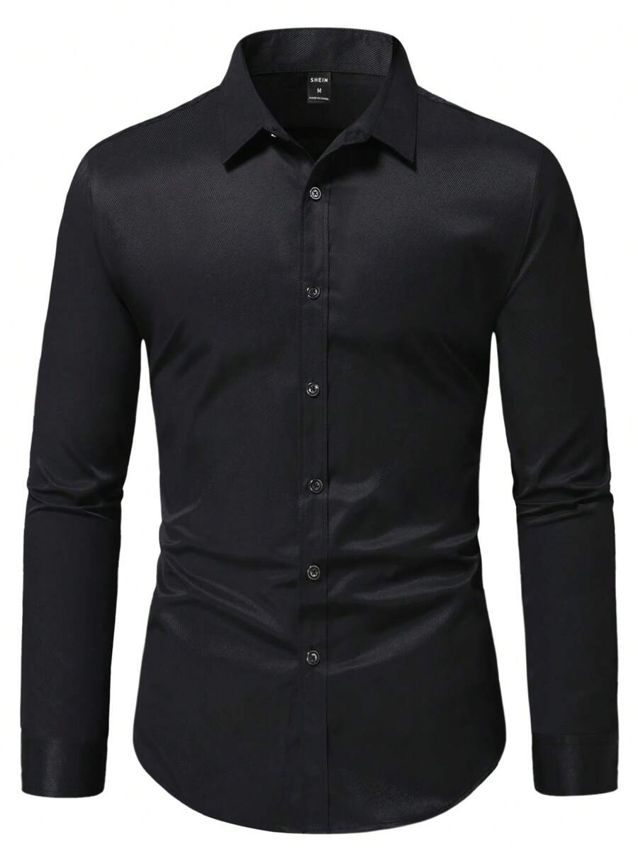 Manfinity Mode Áo sơ mi nam cài nút trơn, áo sơ mi nam đen ôm vừa vặn, áo sơ mi nam công sở thường ngày, mùa thu, áo dài tay - màu đen - Xem 1