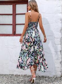 SHEIN Holidaya Allover Floral Print Ruffle Hem Shirred Cami Dress - Multicolor - View 2