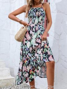 SHEIN Holidaya Allover Floral Print Ruffle Hem Shirred Cami Dress - Multicolor - View 3