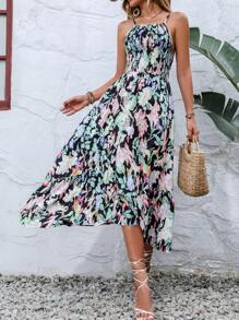 SHEIN Holidaya Allover Floral Print Ruffle Hem Shirred Cami Dress - Multicolor - View 5