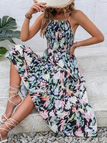 SHEIN Holidaya Allover Floral Print Ruffle Hem Shirred Cami Dress - Multicolor - View 6