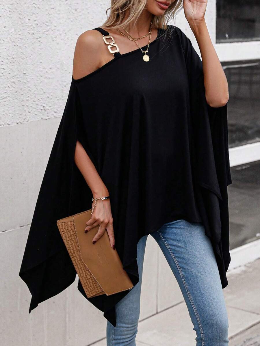 SHEIN LUNE Asymmetrical Neck Chain Detail Tee - Black - View 1