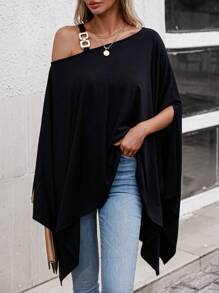 SHEIN LUNE Asymmetrical Neck Chain Detail Tee - Black - View 3