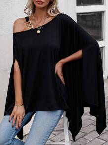 SHEIN LUNE Asymmetrical Neck Chain Detail Tee - Black - View 5