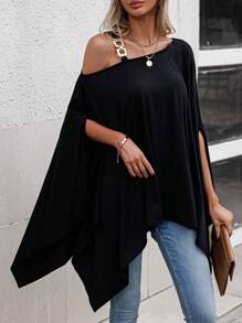 SHEIN LUNE Asymmetrical Neck Chain Detail Tee - Black - View 6