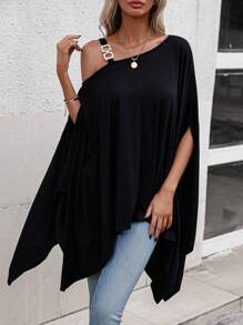 SHEIN LUNE Asymmetrical Neck Chain Detail Tee - Black - View 7