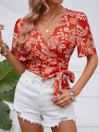 Breezaya Floral Print Knot Side Wrap Blouse Women Shirt