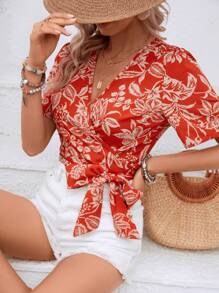 Breezaya 花卉印花结饰侧裹式女式衬衫 - 橘色 - 查看 4