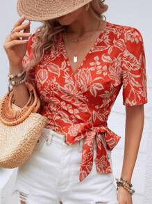 Breezaya 花卉印花结饰侧裹式女式衬衫 - 橘色 - 查看 5