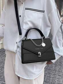 休閒男士包肩背斜跨牛皮商務簡約時尚牛仔背包迷你金屬裝飾蓋襟公文包 - 黑色 - 查看 2