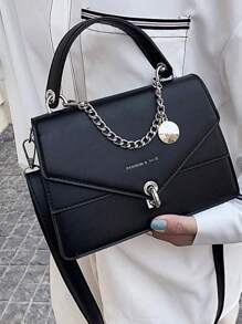 休閒男士包肩背斜跨牛皮商務簡約時尚牛仔背包迷你金屬裝飾蓋襟公文包 - 黑色 - 查看 3