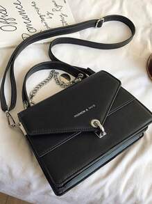 休閒男士包肩背斜跨牛皮商務簡約時尚牛仔背包迷你金屬裝飾蓋襟公文包 - 黑色 - 查看 4