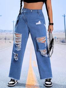 SHEIN ICON Plus Ripped Raw Hem Straight Leg Jeans - Medium Wash - View 2