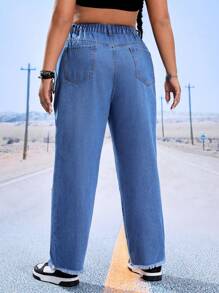 SHEIN ICON Plus Ripped Raw Hem Straight Leg Jeans - Medium Wash - View 3