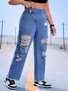 SHEIN ICON Plus Ripped Raw Hem Straight Leg Jeans - Medium Wash - View 4