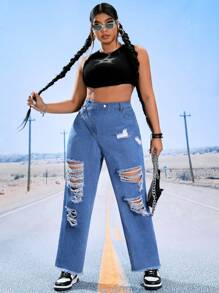 SHEIN ICON Plus Ripped Raw Hem Straight Leg Jeans - Medium Wash - View 1