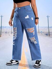 SHEIN ICON Plus Ripped Raw Hem Straight Leg Jeans - Medium Wash - View 5