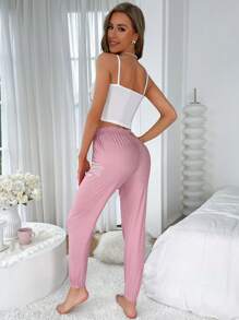 Miss Vinta Letter Graphic White Top & Bow Front Pants PJ Set / Pajama Set Bow Tie - White - View 2