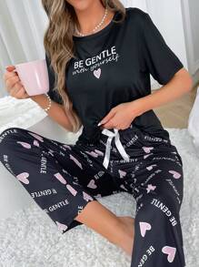 Bộ đồ ngủ/Bộ Pajama có hình trái tim và khẩu hiệu - màu đen - Xem 1