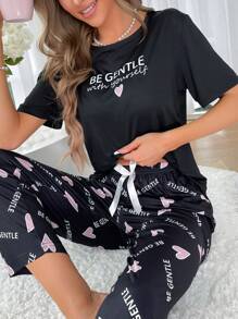 Bộ đồ ngủ/Bộ Pajama có hình trái tim và khẩu hiệu - màu đen - Xem 3