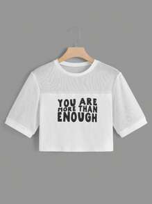 Morgan Reveal Áo thun nữ Tương phản Mesh Slogan Giải trí - trắng - Xem 1