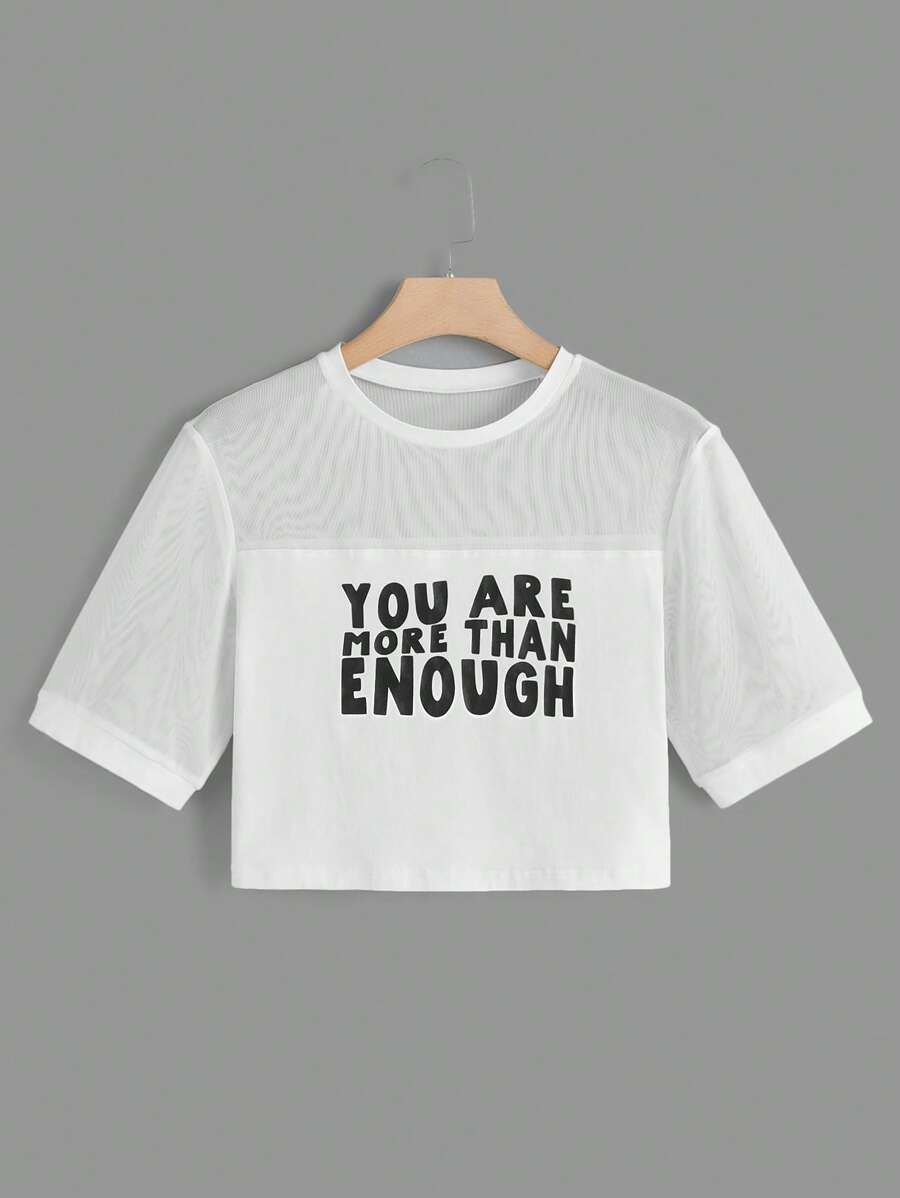 Morgan Reveal Áo thun nữ Tương phản Mesh Slogan Giải trí - trắng - Xem 1