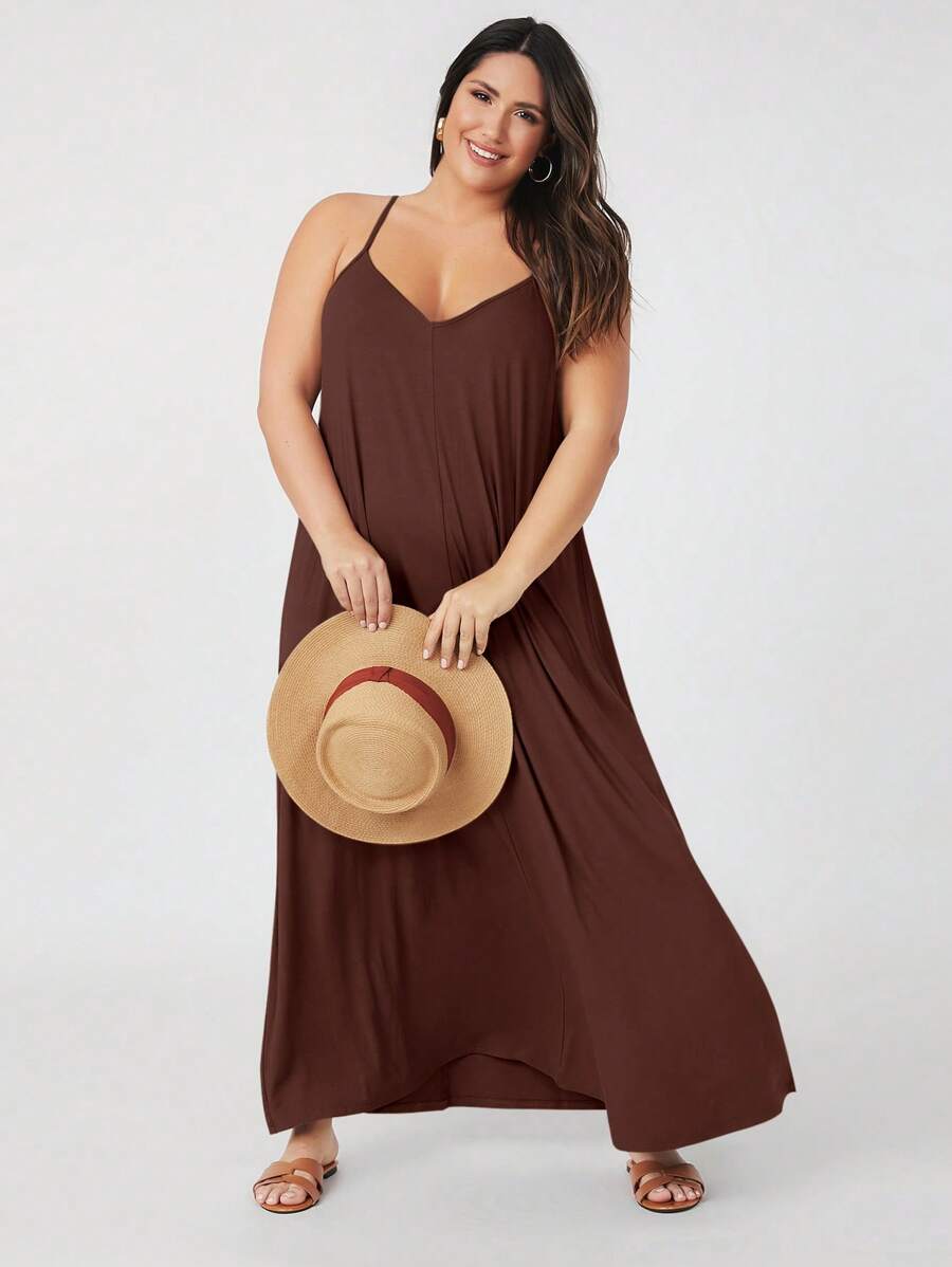 SHEIN BASICS Plus Solid Cami Dress - Chocolate Brown - View 1