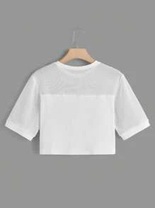 Morgan Reveal Áo thun nữ Tương phản Mesh Slogan Giải trí - trắng - Xem 2