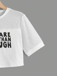 Morgan Reveal Áo thun nữ Tương phản Mesh Slogan Giải trí - trắng - Xem 3