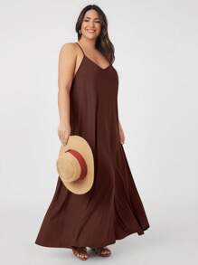 SHEIN BASICS Plus Solid Cami Dress - Chocolate Brown - View 3