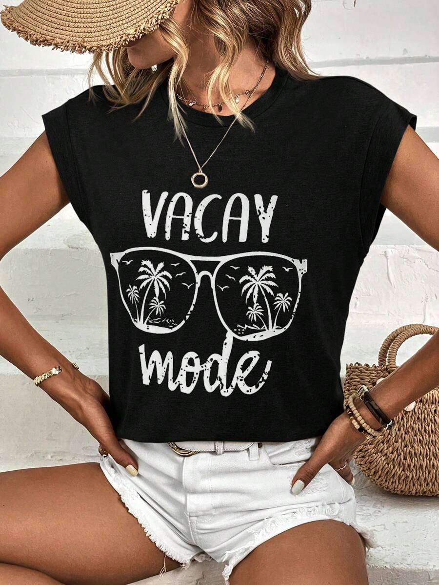 SHEIN VCAY Áo thun nữ Lá thư Nhiệt đới Giải trí - màu đen - Xem 1